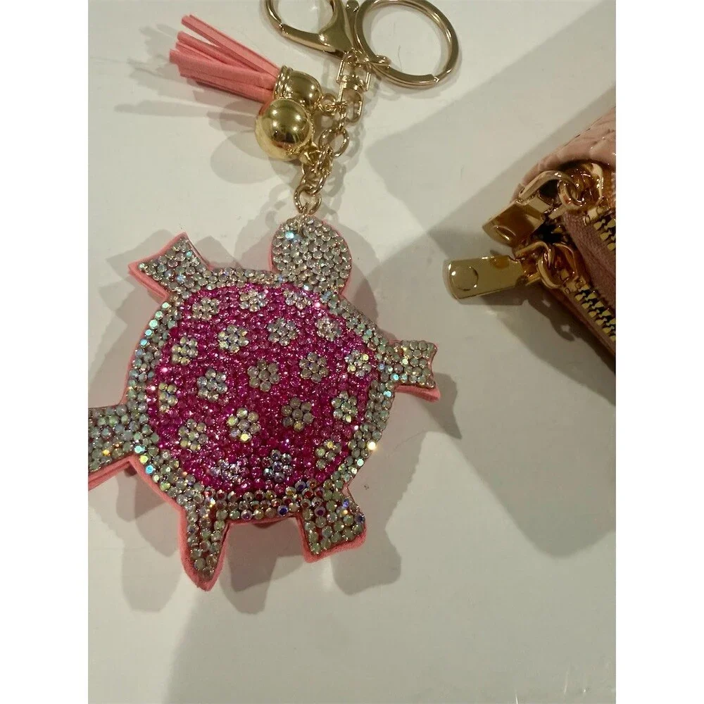 2 pc Pink zip Wallet sparkly bling Turtle Keychain purse Charm Set  cute gift